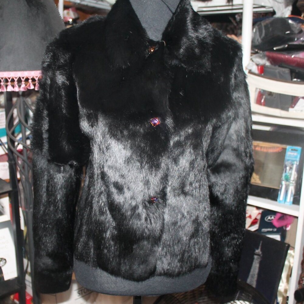 Glamorous Button Front Sheer Genuine Black Rabbit… - image 1